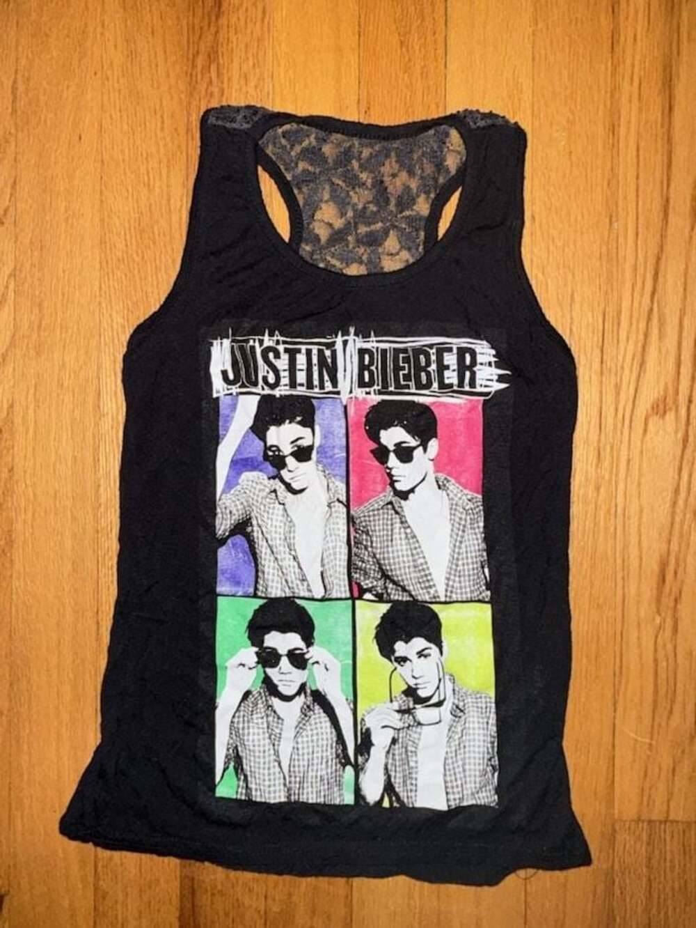 Justin Bieber 2012 Graphic Print Tank Top with Lace Racerback Y2K